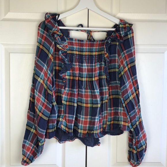 Free People Siena Plaid Pullover in Blue  Ruffled - Picture 4 of 10
